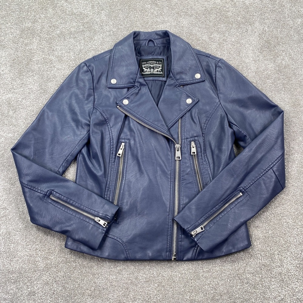 Levi's Strauss Full Side Zipper Up Leather Moto Biker Jacket Girls Size S‎ Blue